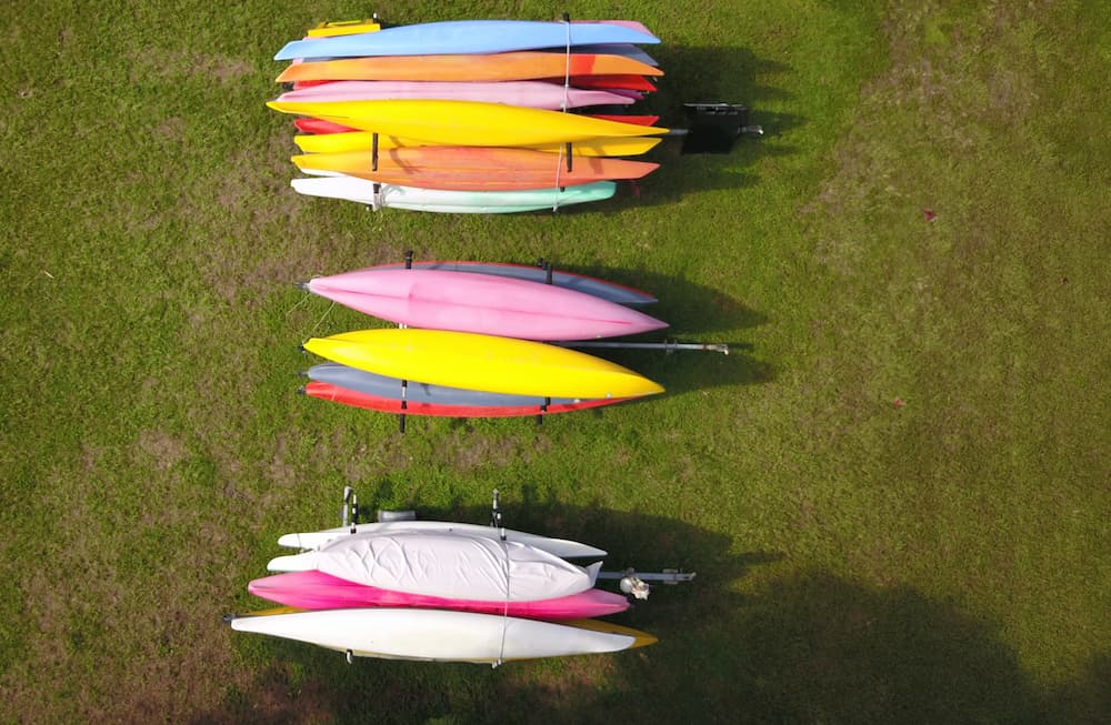 aerial view of colorful kayaks