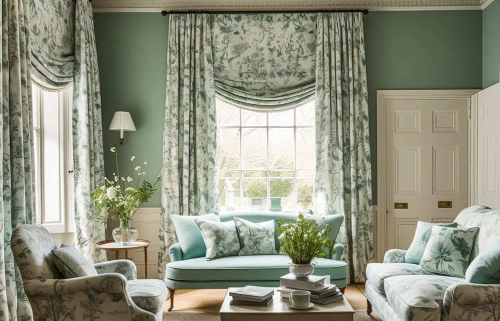 green cottagecore living room with floral curtains