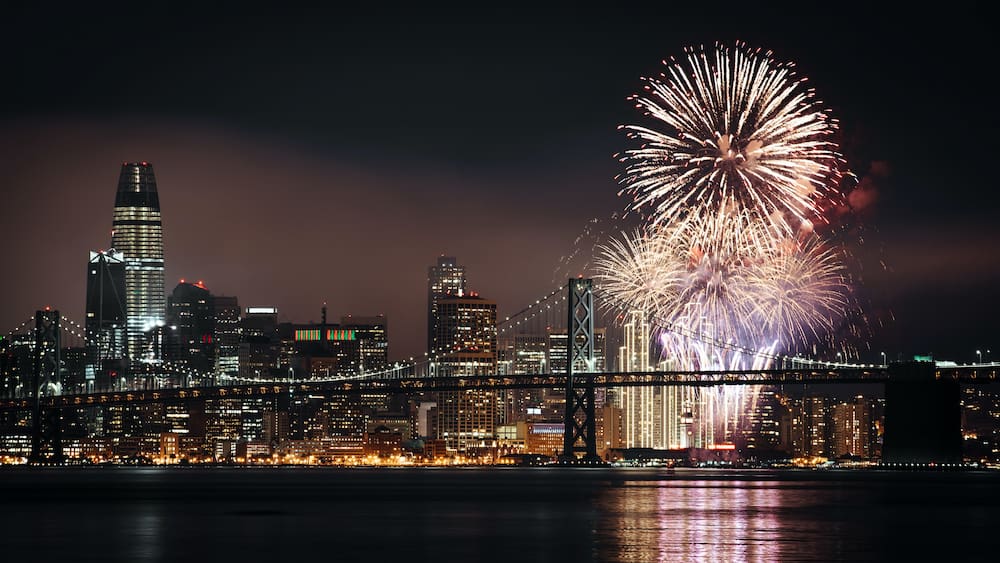 Fireworks going off over a city skyline welcome in the new year