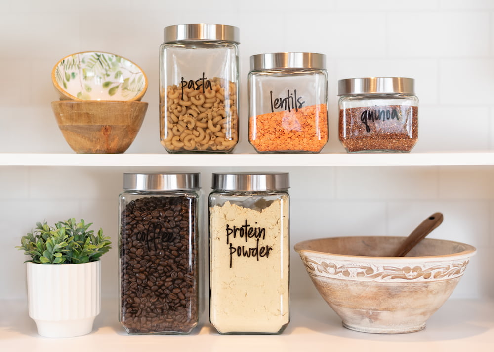 ingredients in glass jars on shelves