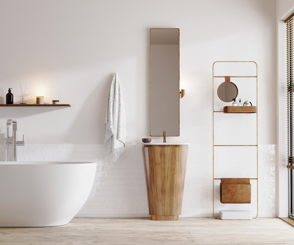 decluttered, minimalist bathroom with a large tub light wood tones