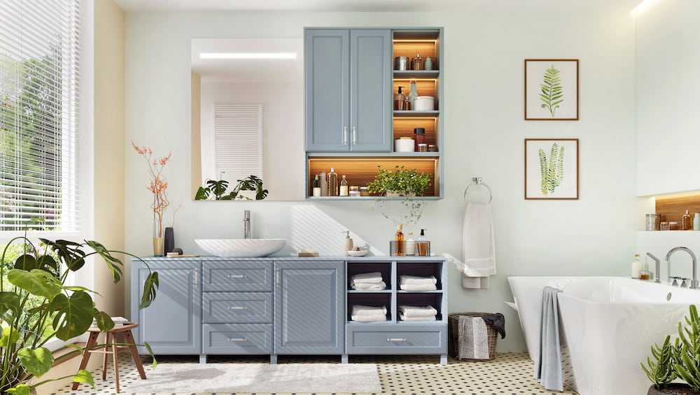 organized, light blue cabinets in a large bathroom