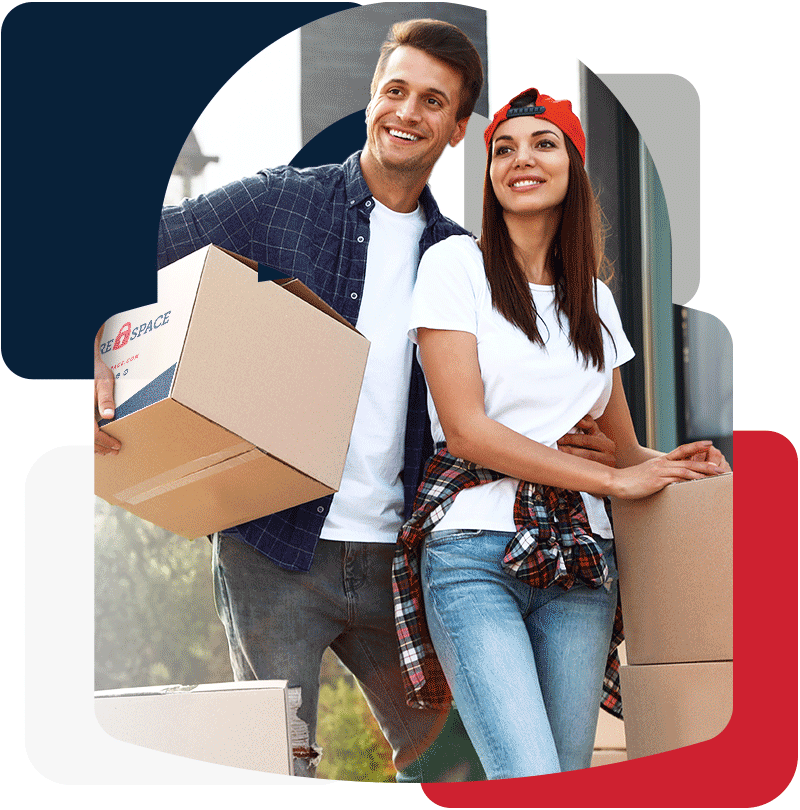 a man and a woman use store space self storage moving boxes