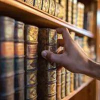 A hand grabbing a book from a bookshelf.
