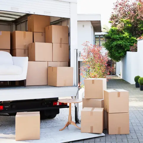 Moving truck with boxes.
