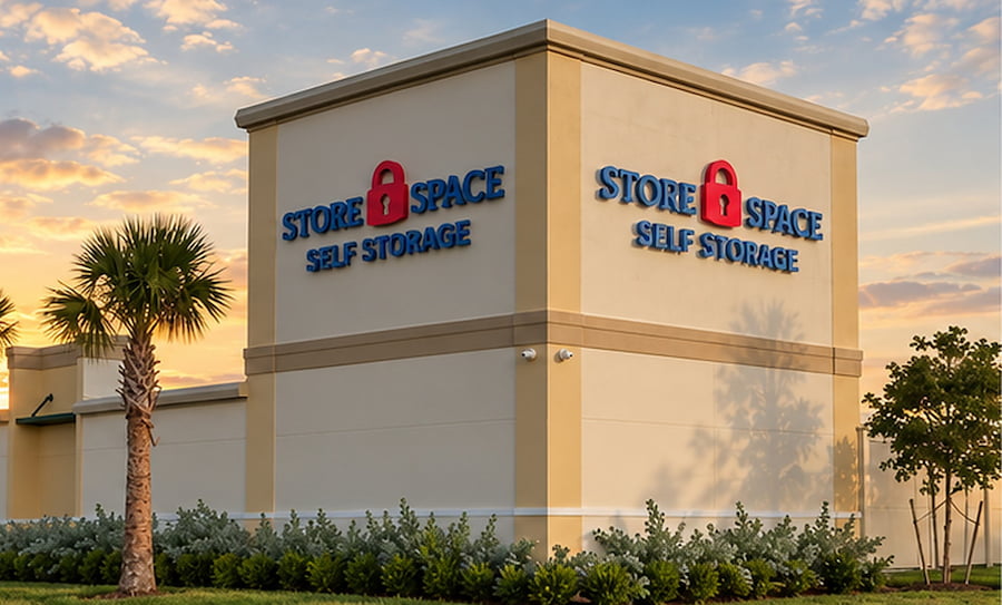 exterior view of store space self storage facility in cape coral during golden hour