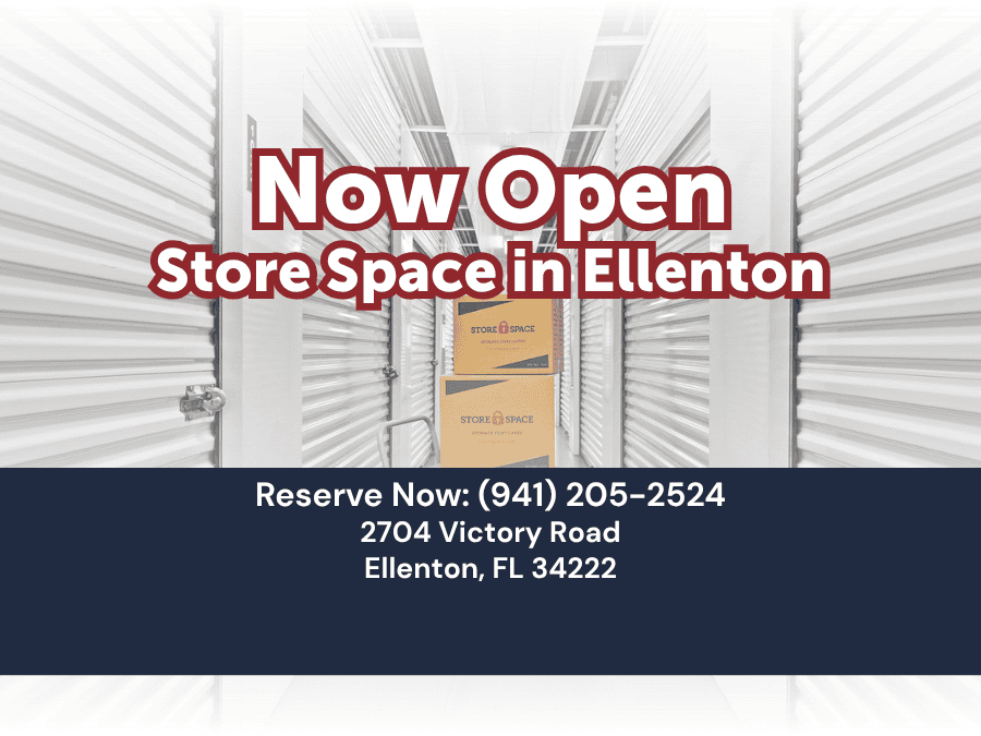 Now Open Graphic for Store Space Self Storage at 2704 Victory Rd Ellenton, FL 34222