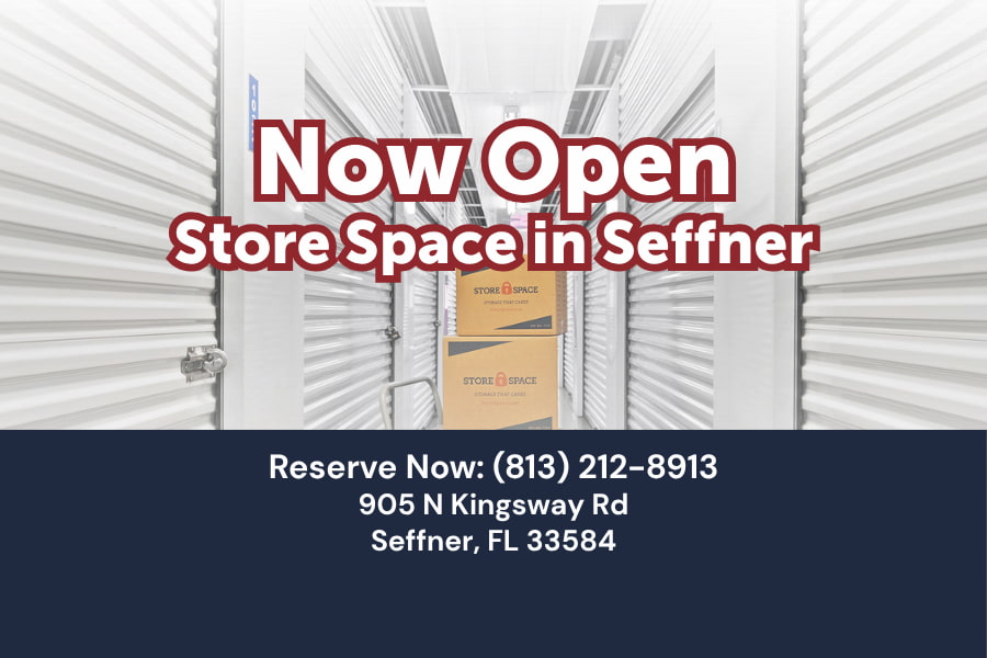 Now Open Banner for Store Space Self Storage at 905 N Kingsway Rd Seffner, FL 33584