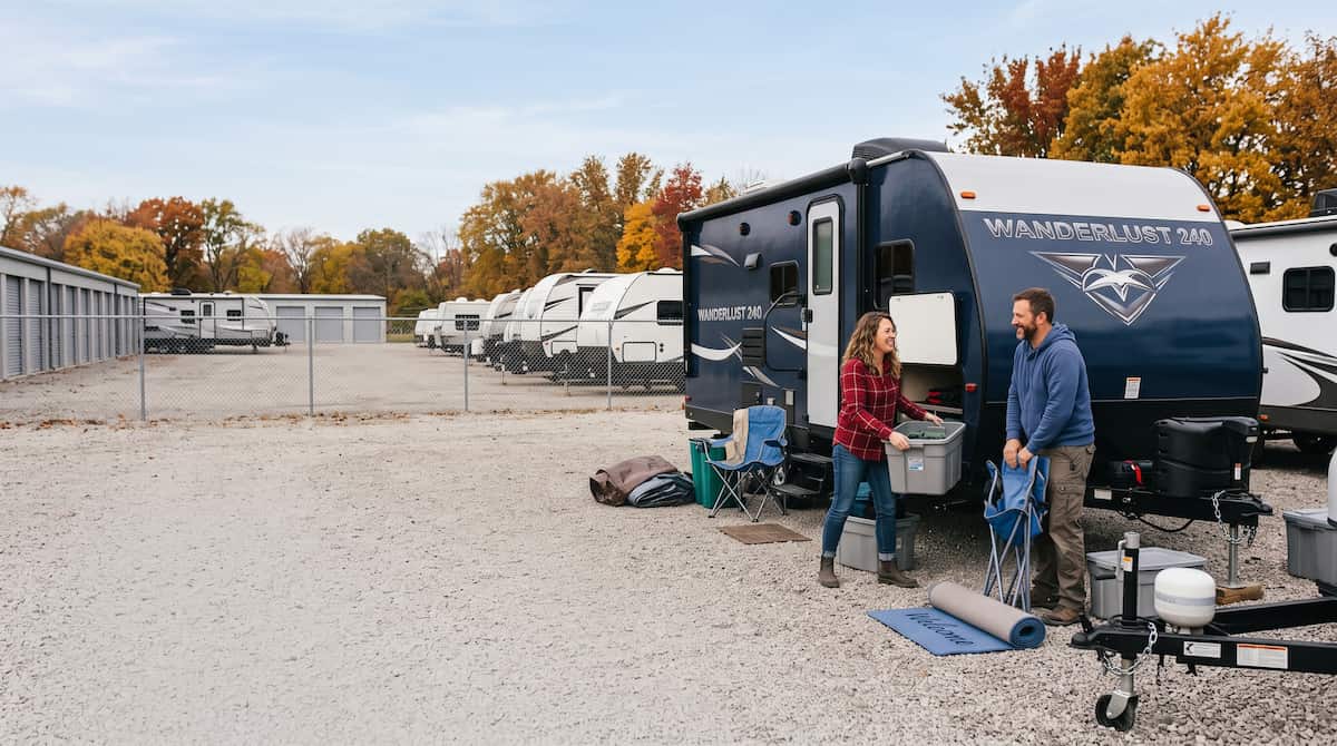 photo of a couple getting their RV ready for camper storage at a store space self storage facility.