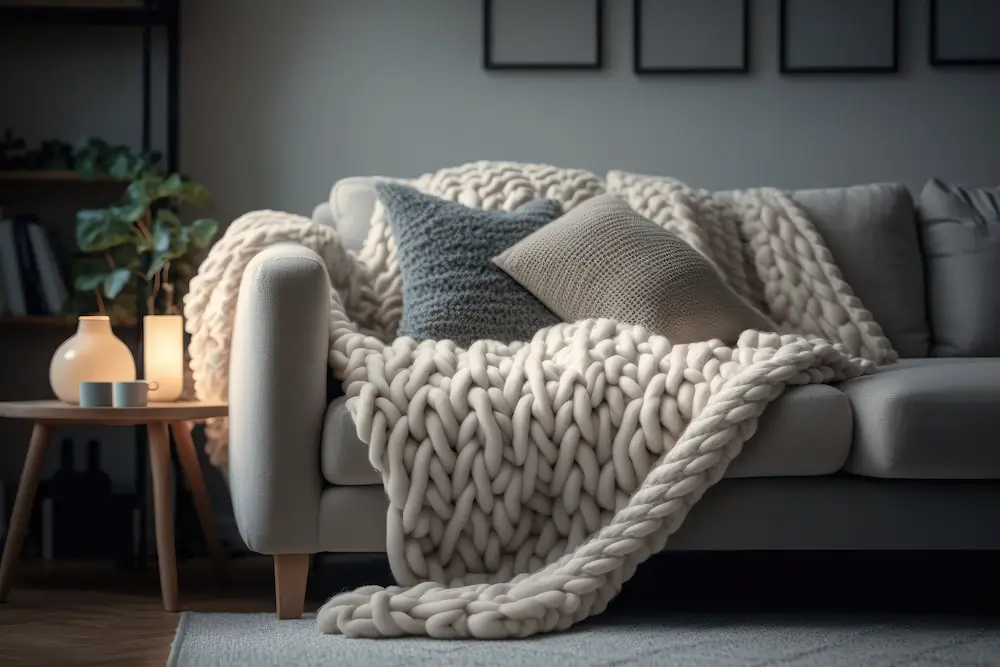 cozy grey couch with large knitted blanket in hygge space