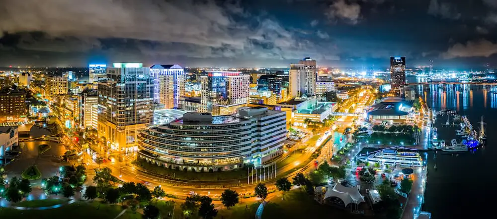 Aerial panorama of Norfolk Virginia by night.