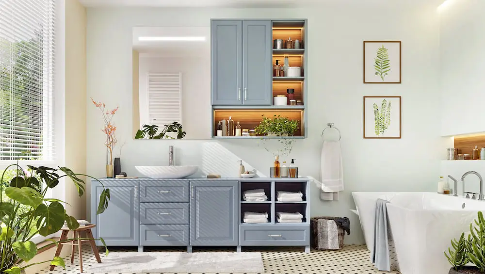 organized, light blue cabinets in a large bathroom