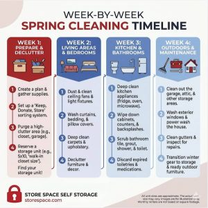 store space infographic detailing a week by week spring cleaning timeline