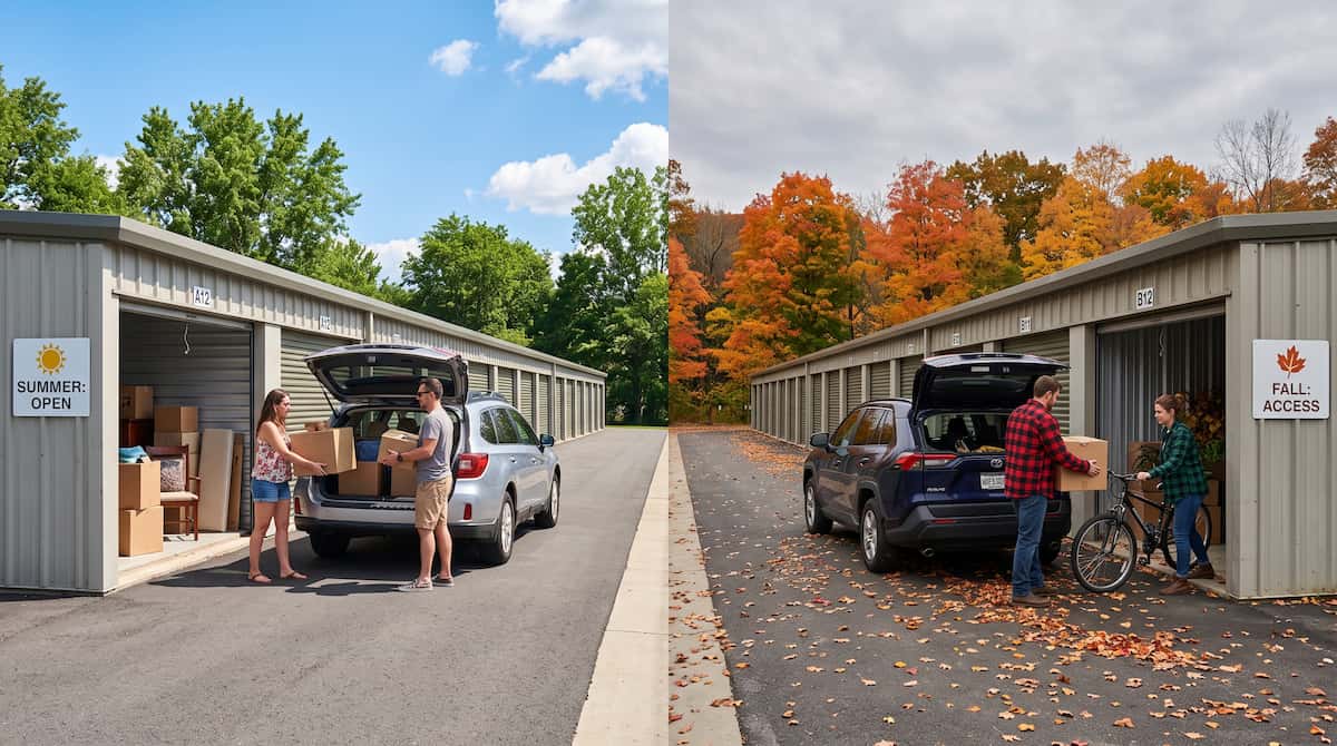 image of the difference from summer to fall at a self storage facility