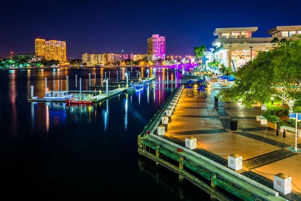 tampa river walk lit up at night